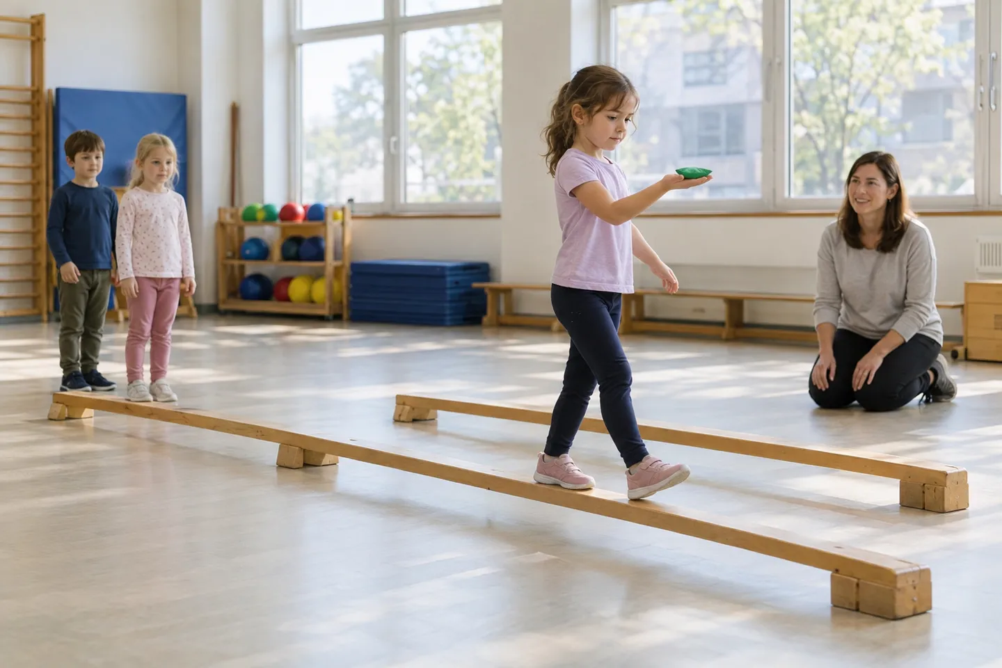 School children running a beanbag relay across two parallel low balance beams while their teacher kneels nearby, a classroom setup for a team balance beam game.