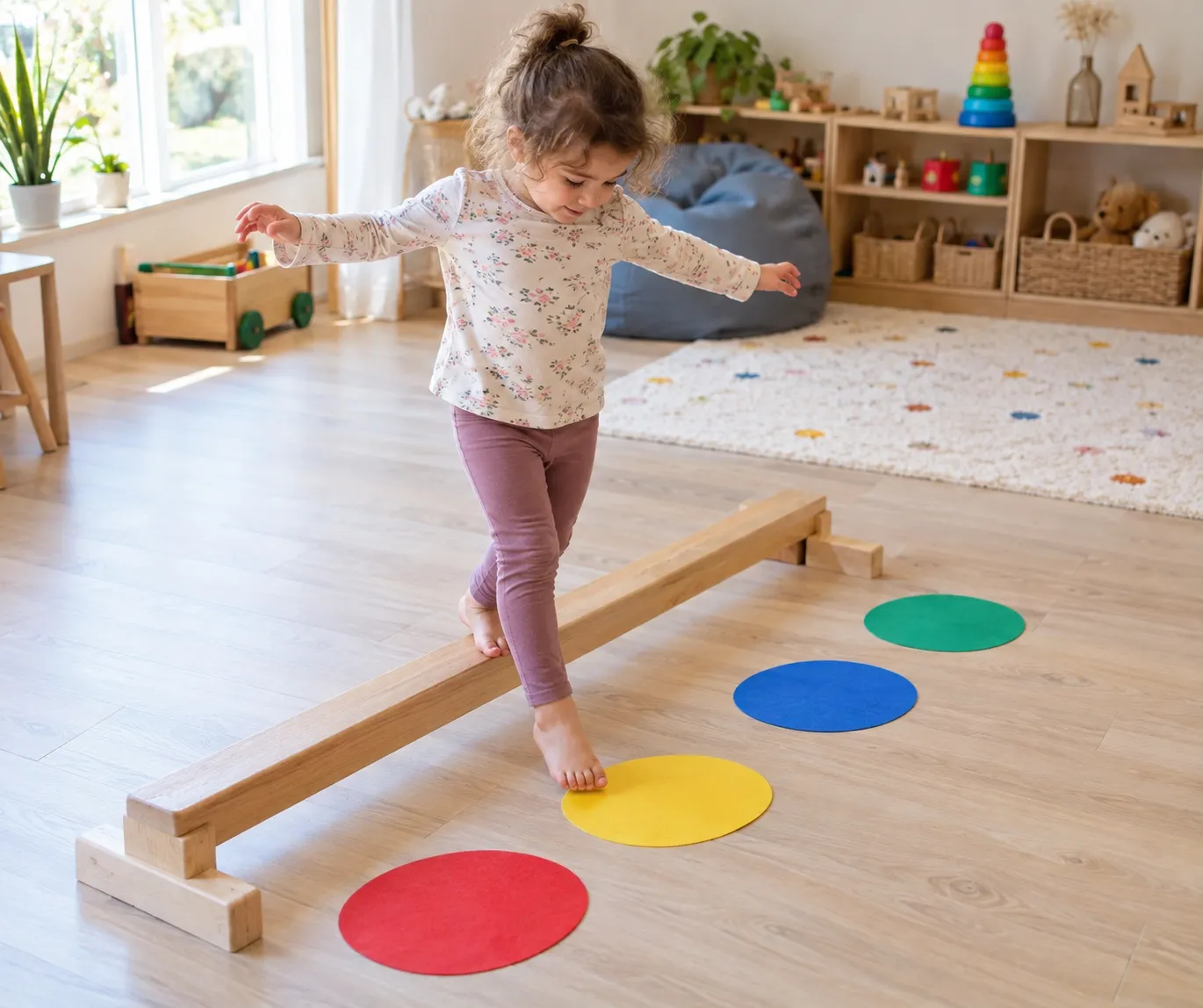 A preschooler stepping from a low balance beam onto a colored floor spot with arms out for balance, showing how a balance beam game like color steps adds a decision layer.