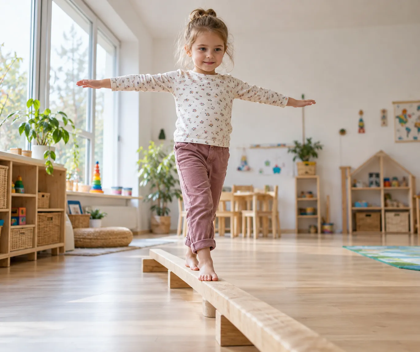 A young child crossing a low wooden balance beam with arms extended in a bright playroom, the classic starting position for any balance beam game at home or in class.