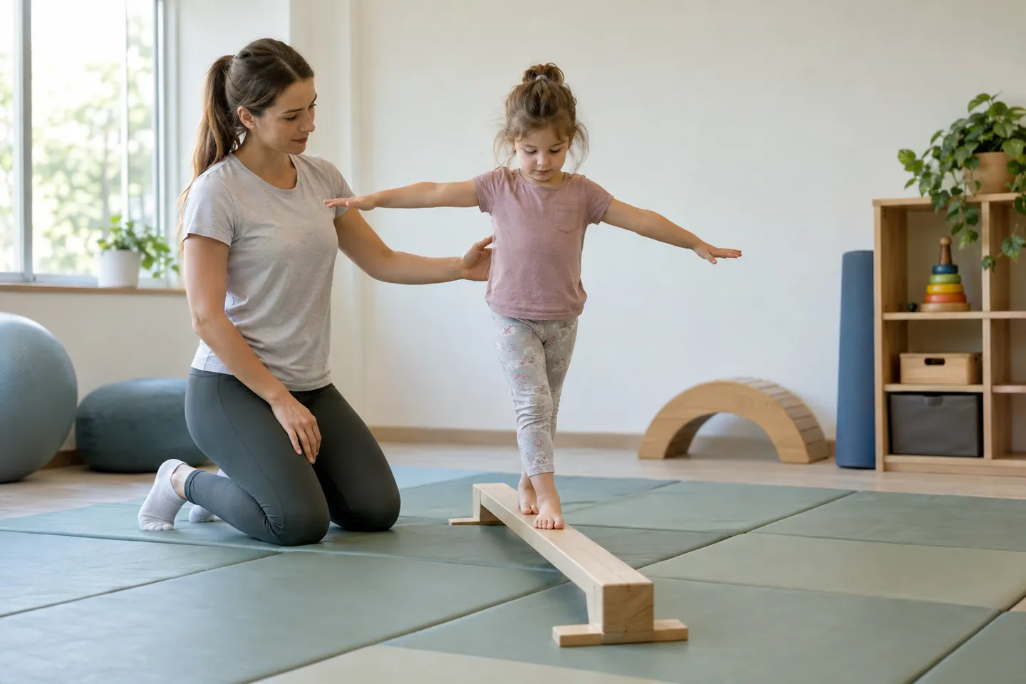 A pediatric therapist kneeling beside a child walking a low balance beam in a therapy room, the same balance beam game adapted for one-on-one gross motor goals.