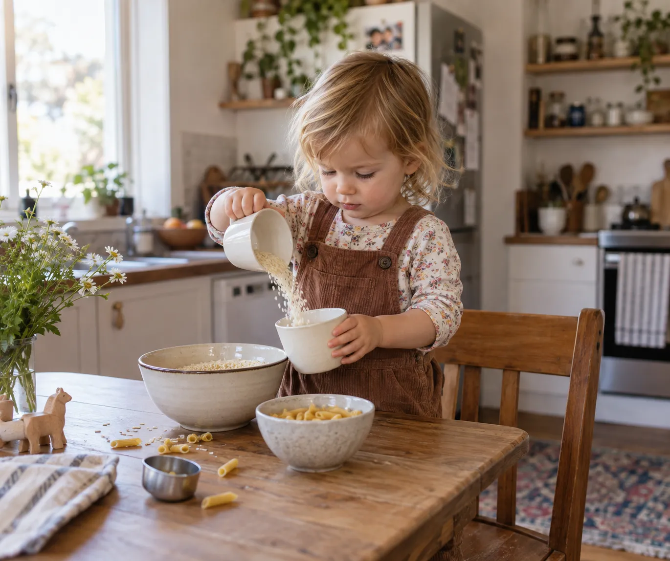 A toddler pours dry rice between cups at a kitchen table, an everyday example of the simple activities behind the benefits of sensory play.
