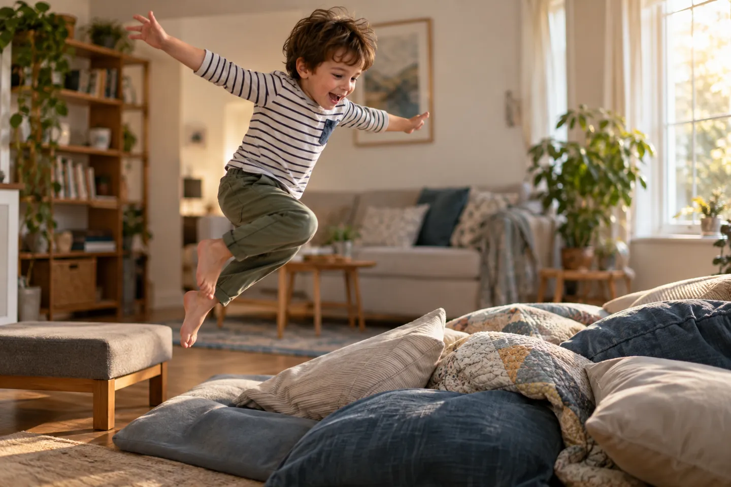 A boy leaps into a pile of soft couch cushions, heavy proprioceptive play whose deep-pressure input helps an aroused nervous system calm down.