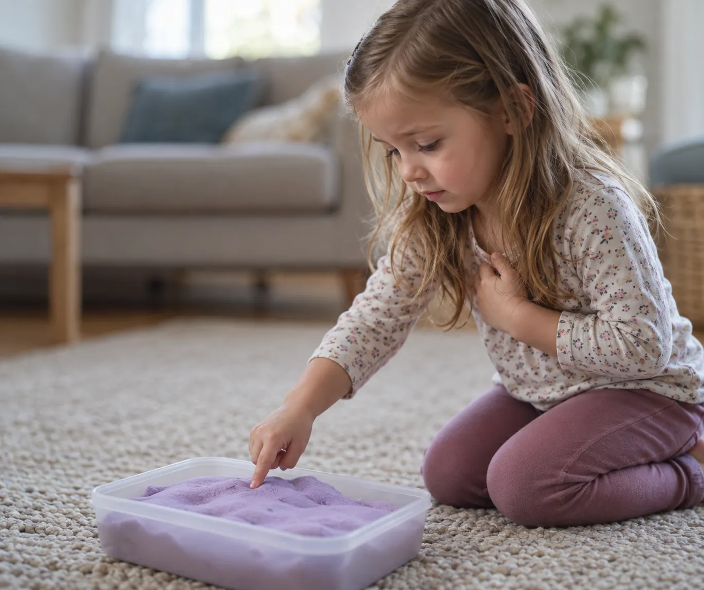 A young girl cautiously touches new slime with one fingertip while keeping her other hand close, showing how tactile play works best at the distance a child chooses for herself.