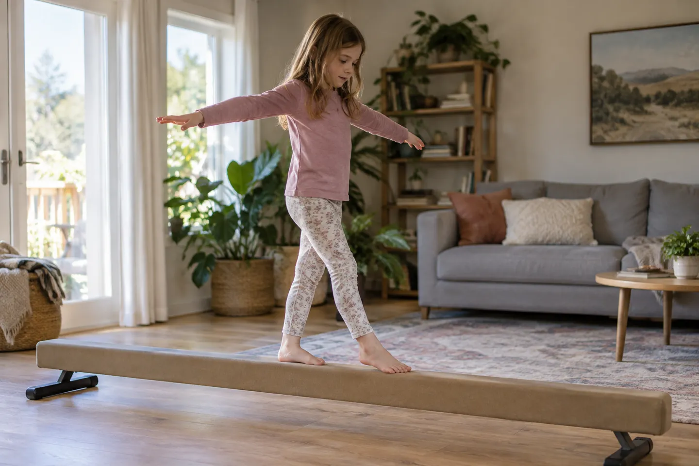 A girl walks with her arms out along a low balance beam close to the floor, the kind of vestibular play that trains balance, posture and body awareness.