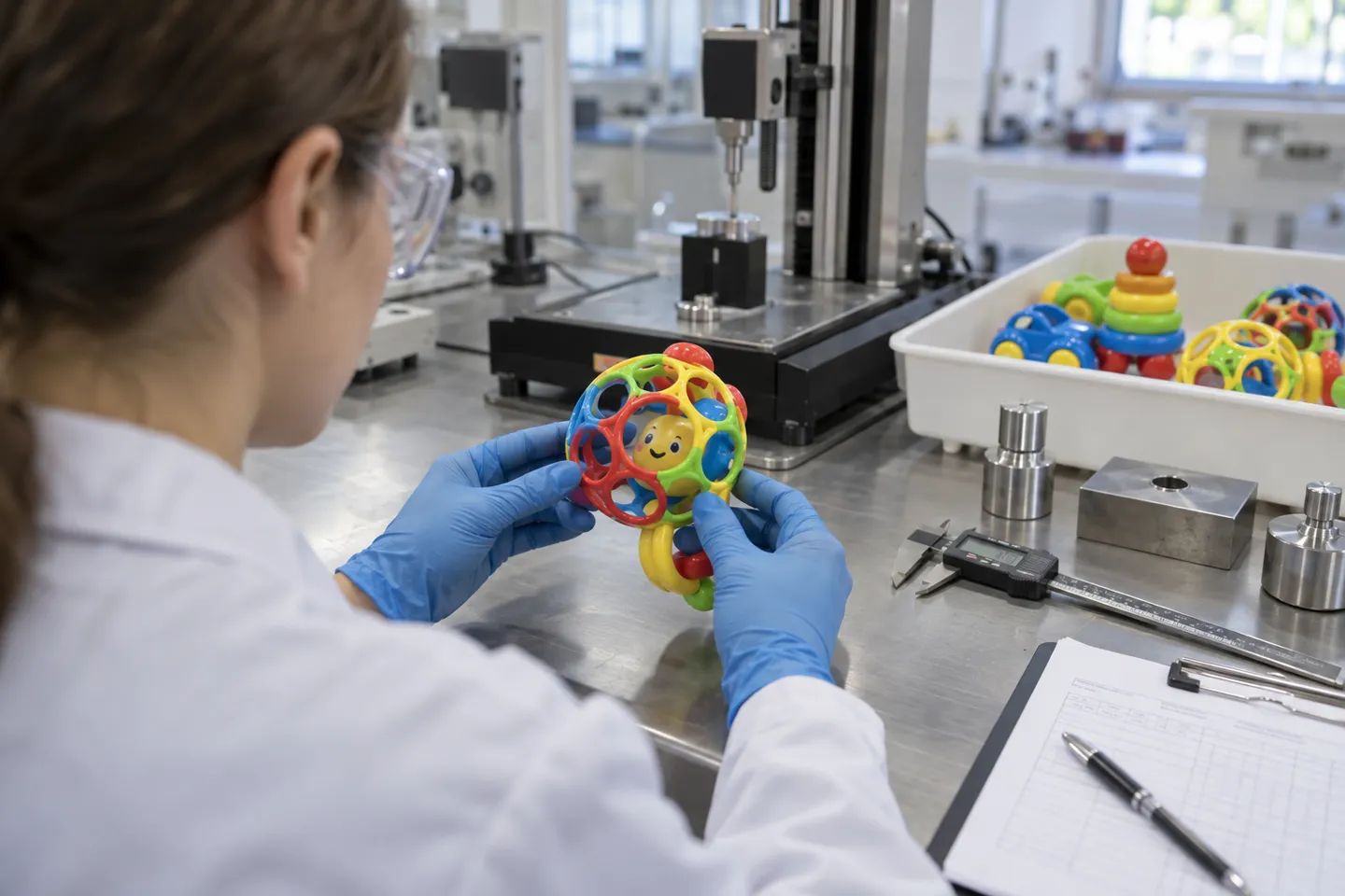 Laboratory technician inspecting a children's toy during safety testing for a CPC or EN71 compliance file