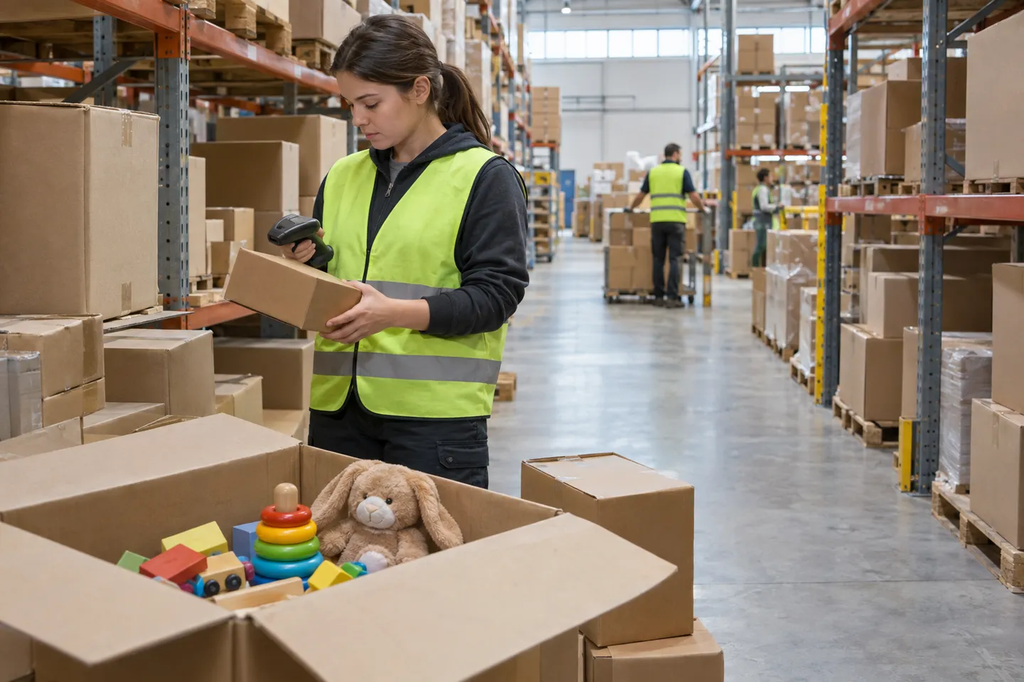Warehouse worker scanning a carton of colorful children's toys in a fulfillment center, the supply side of the best selling toys in Amazon list
