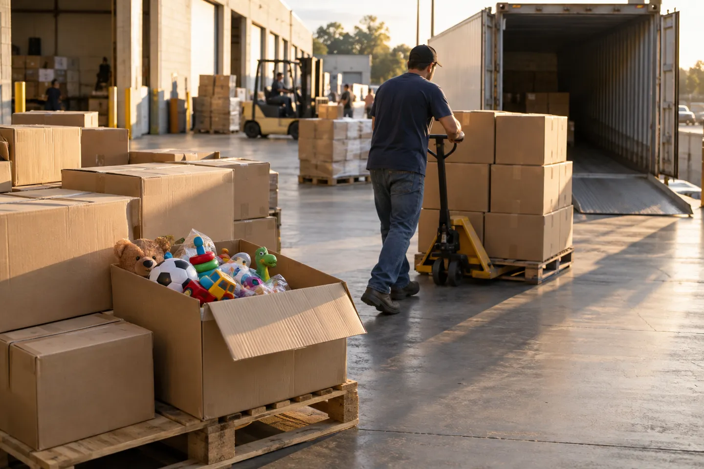 Pallets of children's toys loaded toward a container truck at a warehouse dock ahead of the Q4 holiday toy season