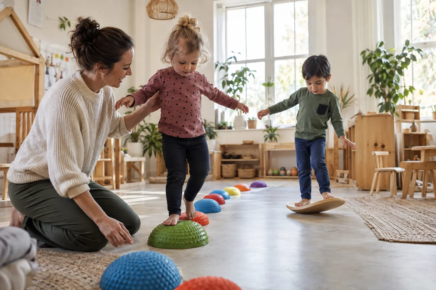 Children balancing on sensory stepping stones and a wooden wobble balance board in a bright kindergarten playroom