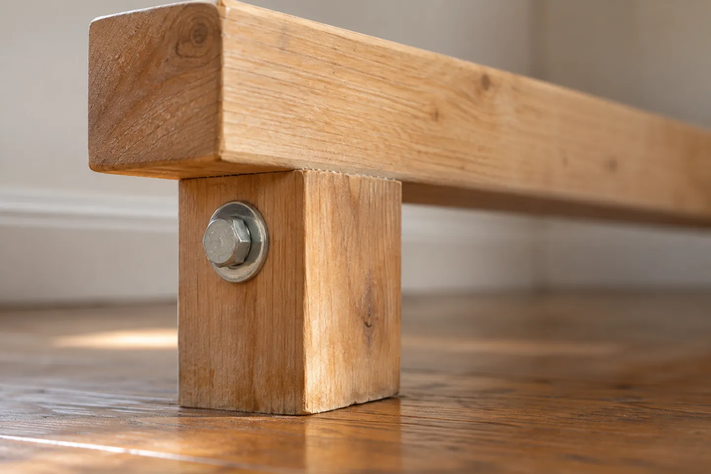 A close-up of a homemade diy balance beam leg joined to the beam with a through-bolt and steel washer instead of a single screw.