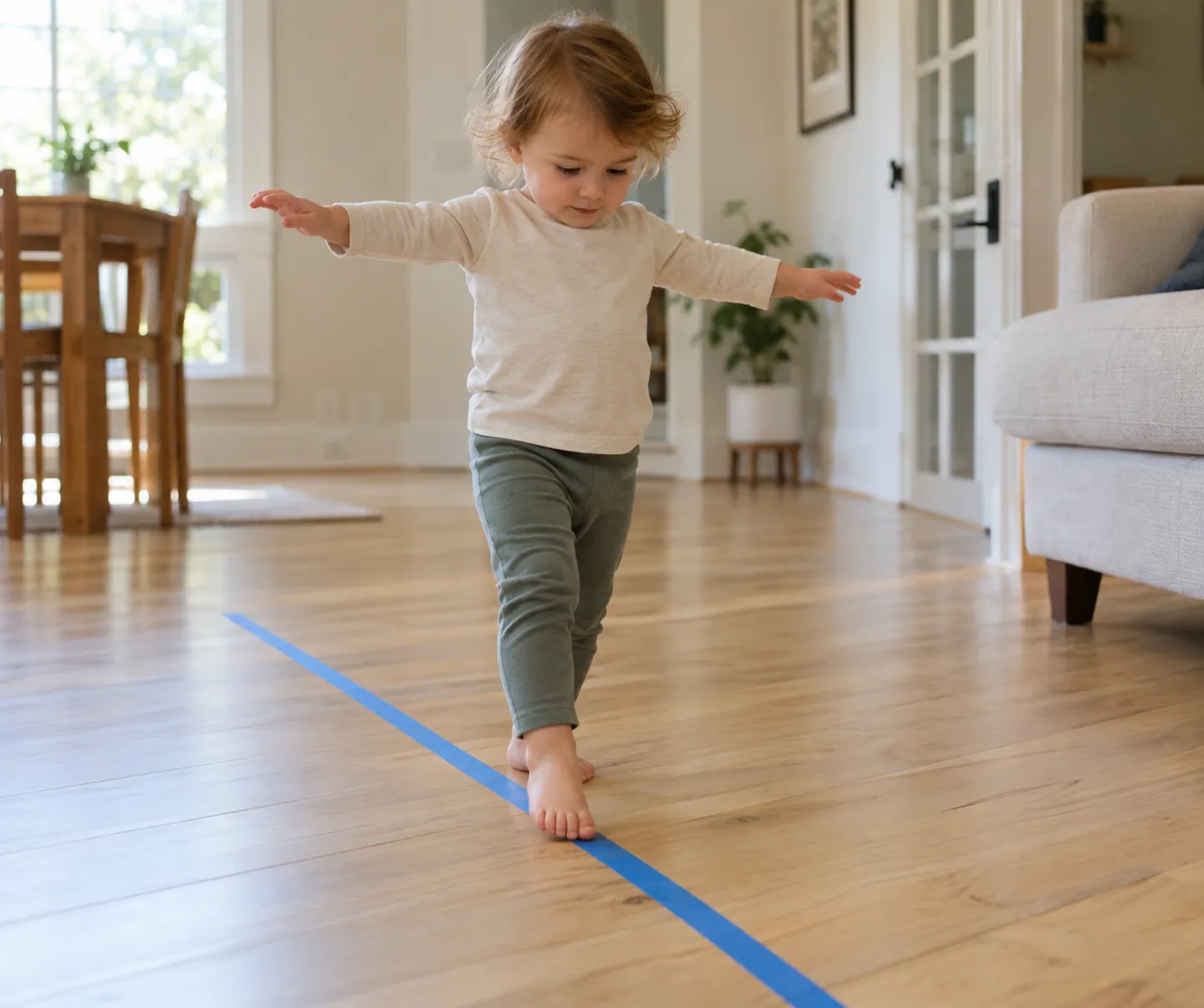 A toddler steps heel to toe along a strip of blue painter's tape on the floor, the zero-cost floor-line version of a diy balance beam.