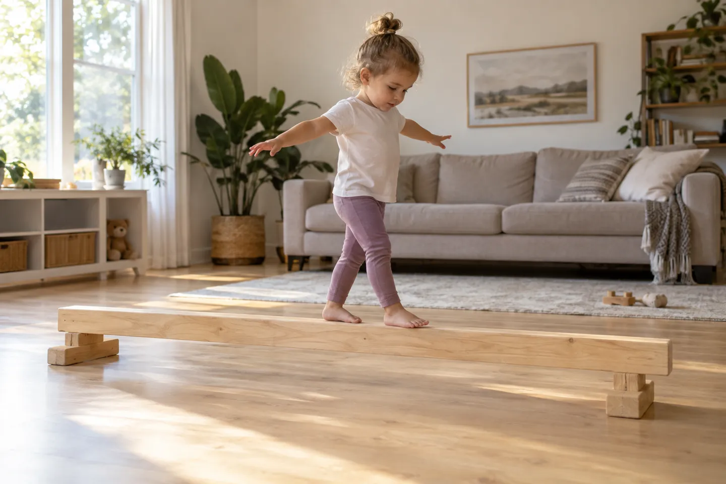 A toddler walks with arms stretched out along a low wooden diy balance beam raised a few inches off the living-room floor on short legs.