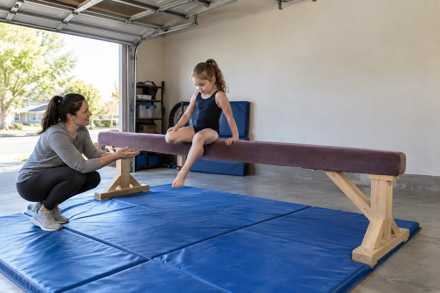 A young gymnast sits on a raised padded diy balance beam on braced wooden legs with thick blue landing mats underneath while a parent spots her.