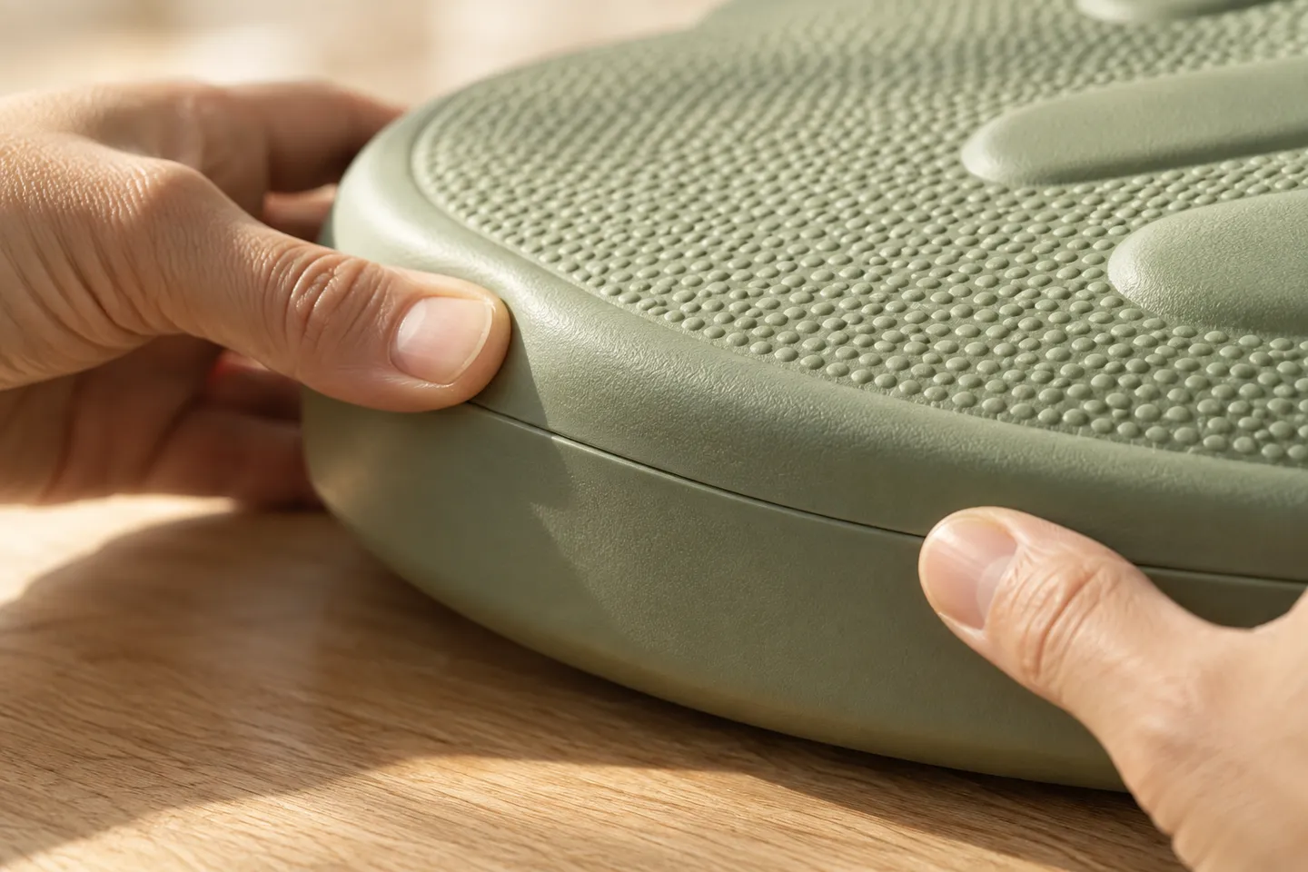 Adult thumbs press along the molded seam and reinforced rim of a stepping stone toy, the hands-on durability inspection that predicts whether an educational toy survives two weeks of real handling.