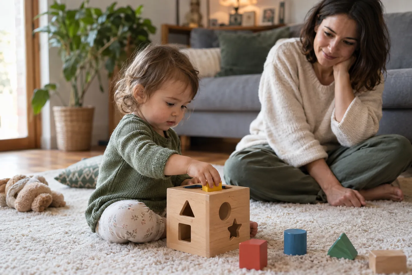 A mother quietly watches her toddler post wooden shapes into a shape sorter, the observation habit behind the match check in how to choose educational toys that fit a child's current abilities and interests.