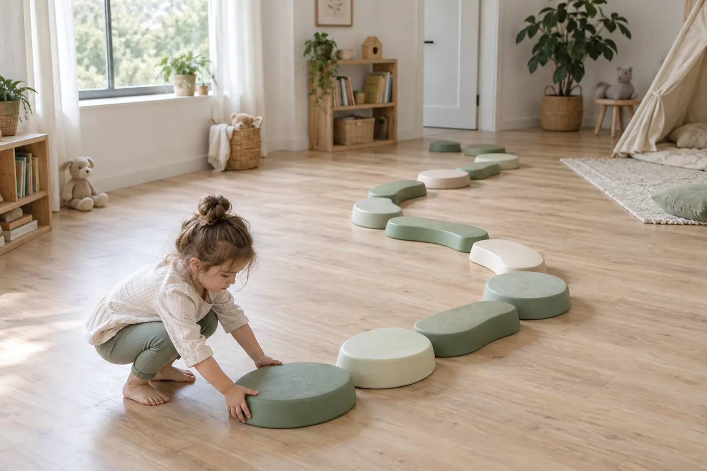 A preschooler extends a winding path of open-ended stepping stones across a playroom floor, inventing another way to play with the same educational toy long after the first game wore off.