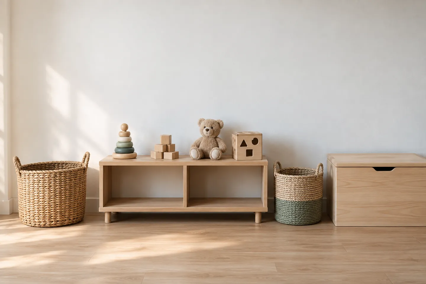 A low shelf holding a small rotating set of toys beside woven baskets and a closed wooden storage chest, the toy rotation setup that keeps an educational toy collection feeling new without overbuying.