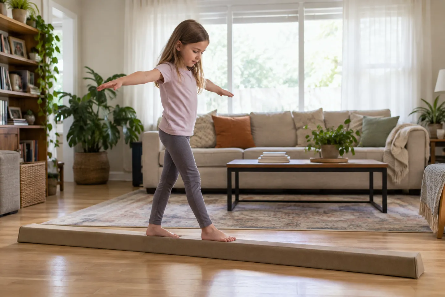 A young girl practices walking on a wide foam balance beam lying flat on the living-room floor, the low and forgiving home setup recommended for toddlers and first-time users.