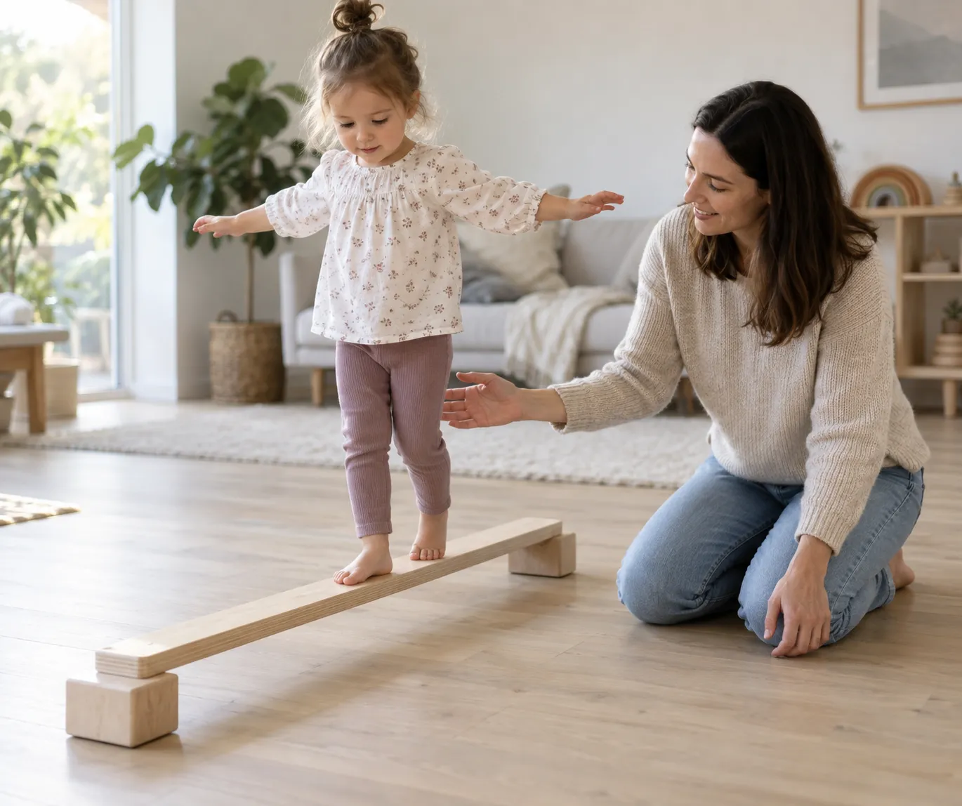 A toddler walks a birch wood balance beam plank raised on wooden blocks while her parent kneels alongside spotting, the typical Montessori setup where only the height changes as balance improves.