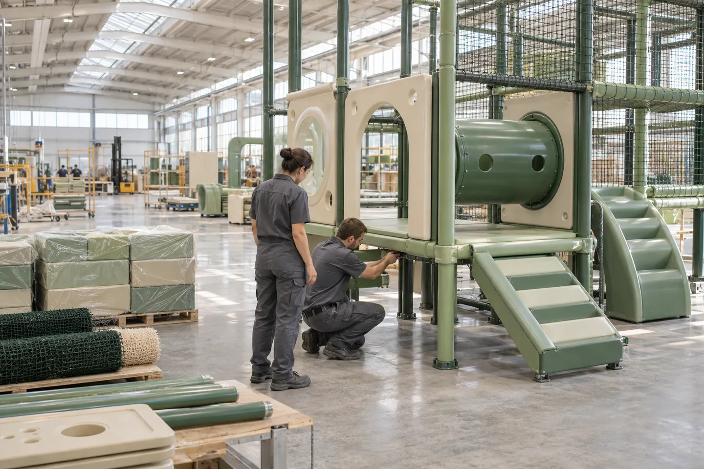 Workers inspecting a partially assembled soft contained play structure on a clean factory floor — the verification step behind every credible equipment quote in an indoor playground business plan.