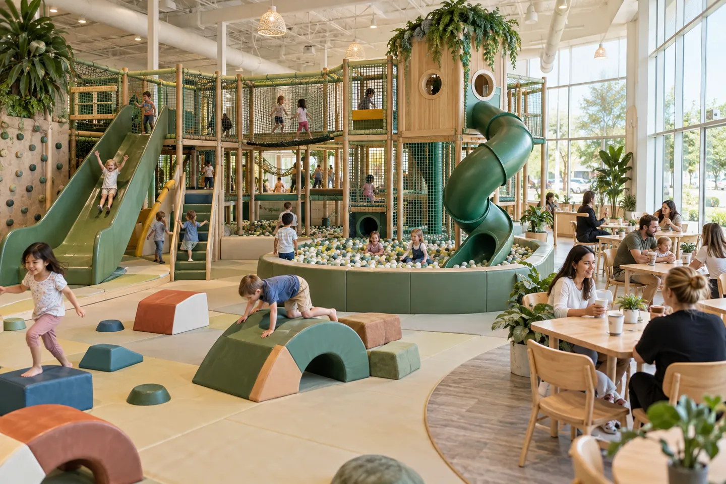 A bright, modern indoor playground in full operation — the kind of soft-play venue an indoor playground business plan must budget, staff, and fill with families.