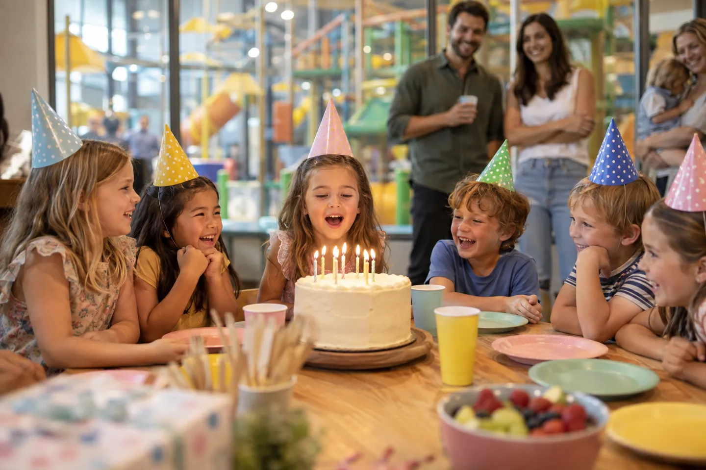A weekend birthday party in an indoor playground party room — the revenue line that carries the margin in most indoor playground business plan spreadsheets.