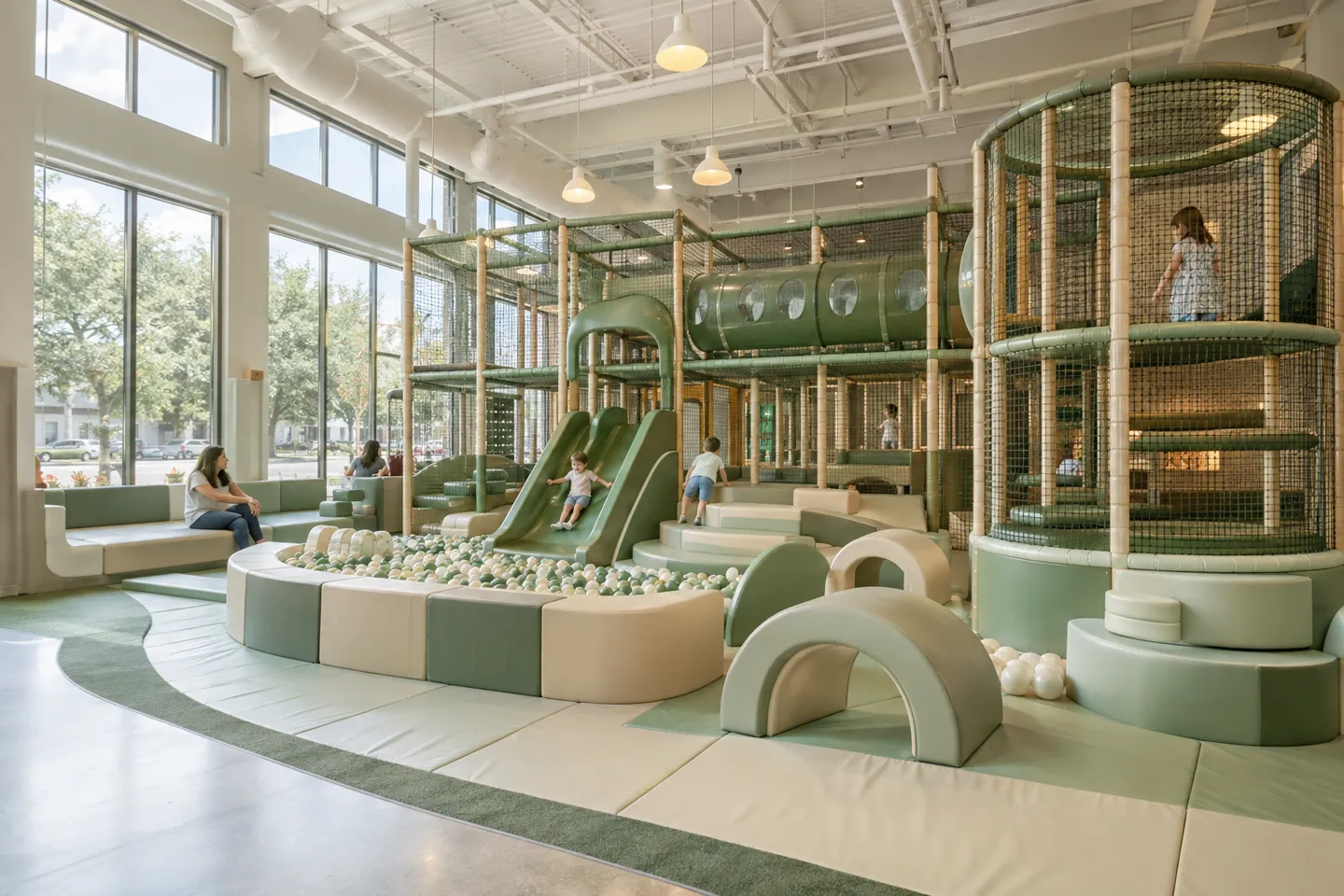 A modern commercial indoor playground with a multi-level soft play structure, slides and a ball pit — the kind of venue the highest indoor playground cost figures actually describe