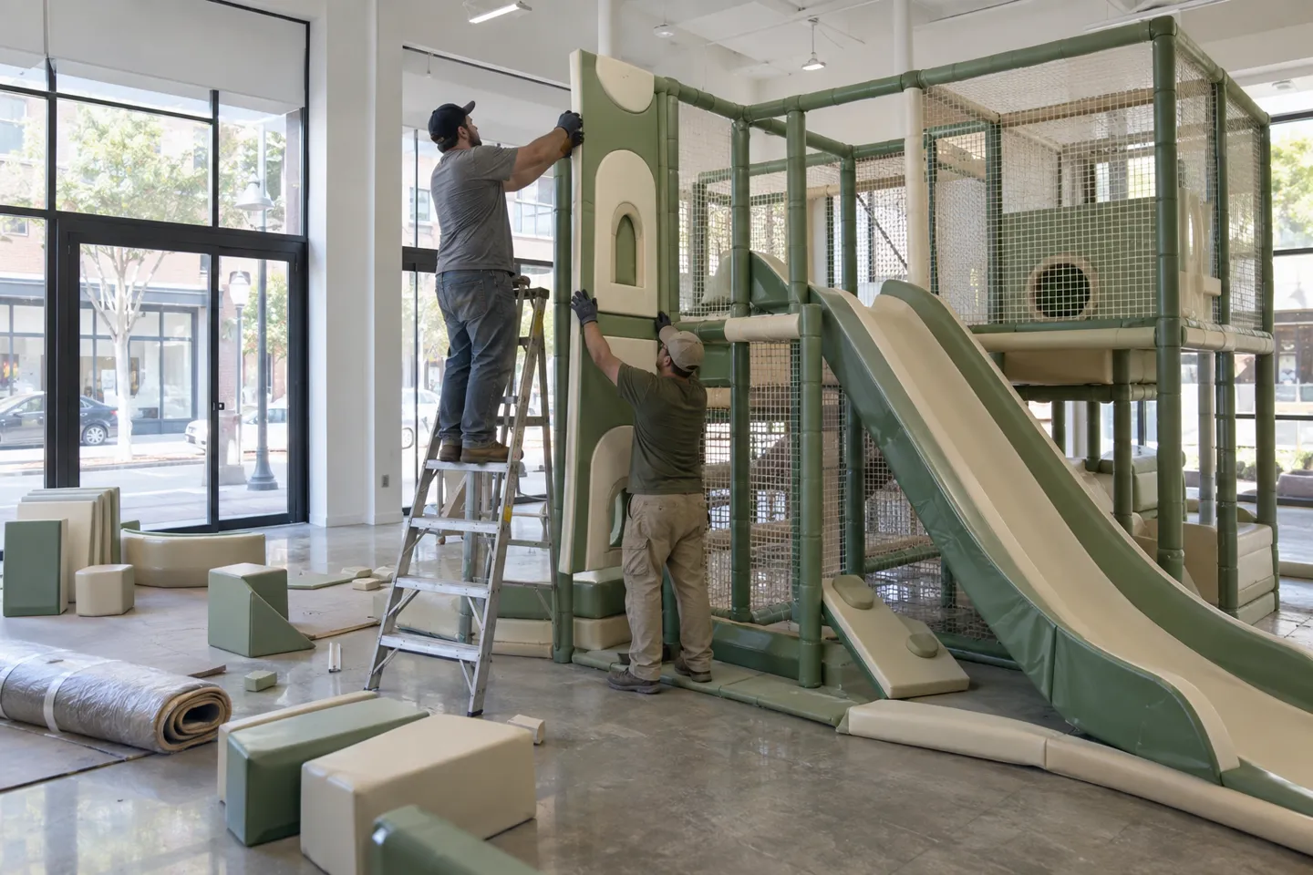 Installers assembling commercial indoor playground equipment inside an empty retail unit, the on-site labor that separates a turnkey indoor playground cost quote from an FOB equipment price