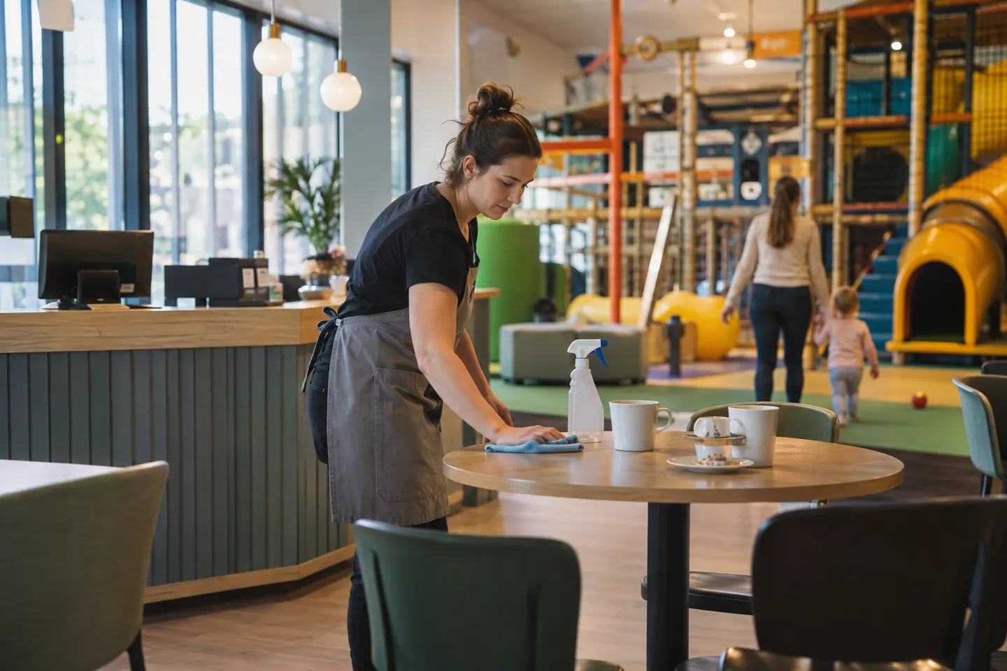 A staff member cleaning tables at a running indoor playground café, one of the daily running costs that continue after the initial indoor playground cost is paid