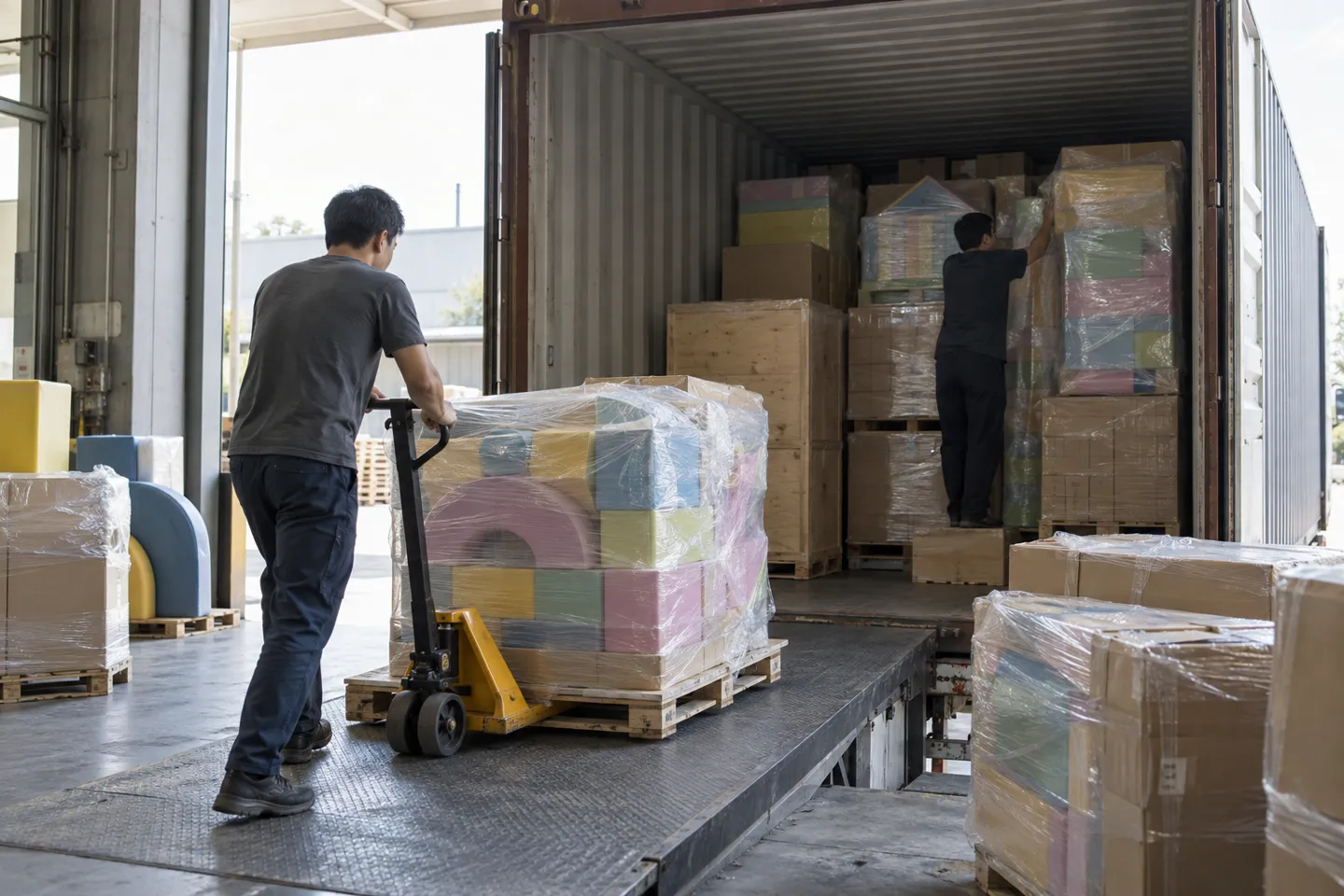Workers loading pallets of shrink-wrapped soft play equipment into a shipping container at a factory dock — freight, duties and clearance stand between the factory quote and the landed indoor playground equipment cost.