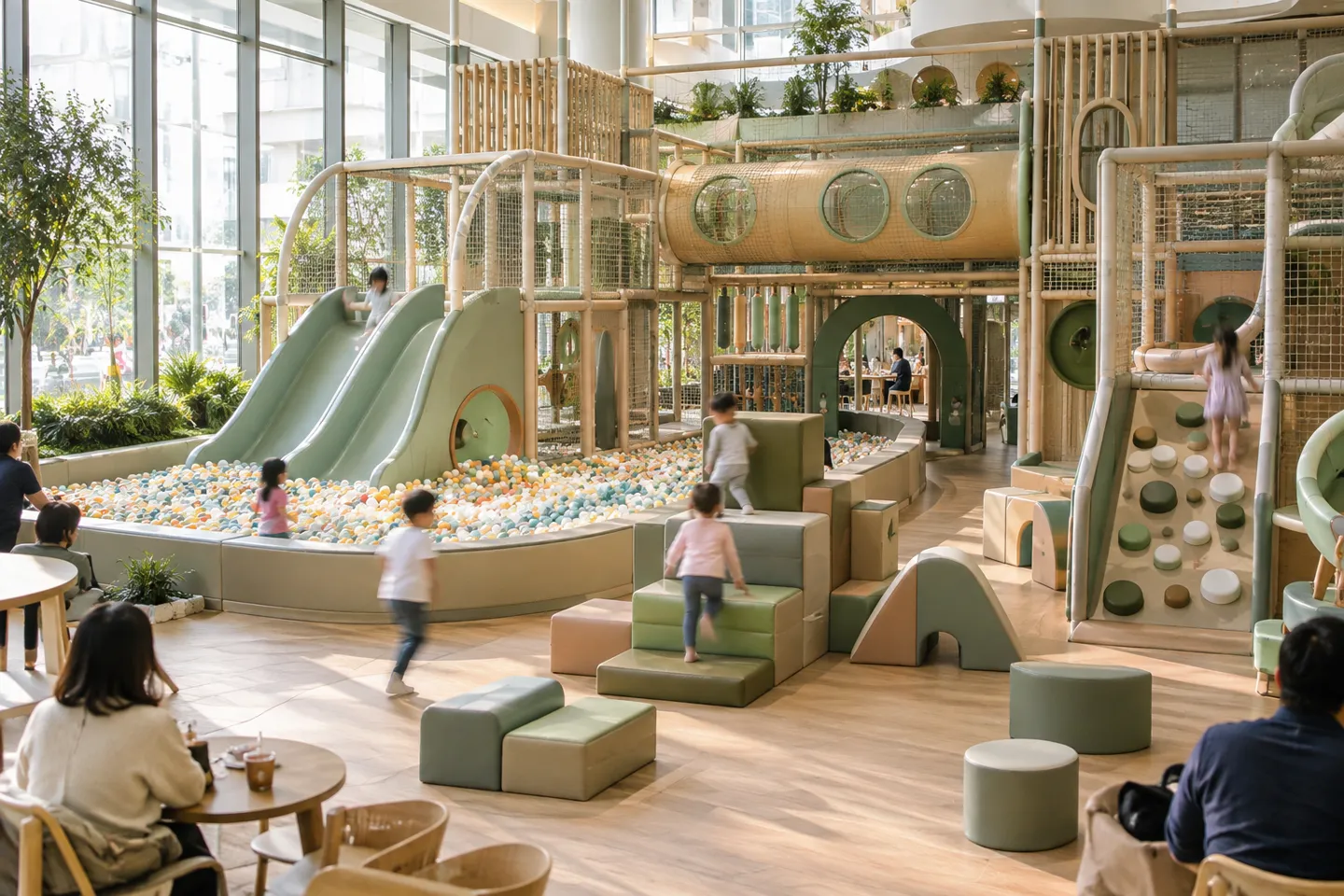 A commercial indoor playground with a multi-level soft play structure, slides and a ball pit — the kind of venue whose indoor playground equipment cost runs from $60,000 to $150,000 before freight and installation.
