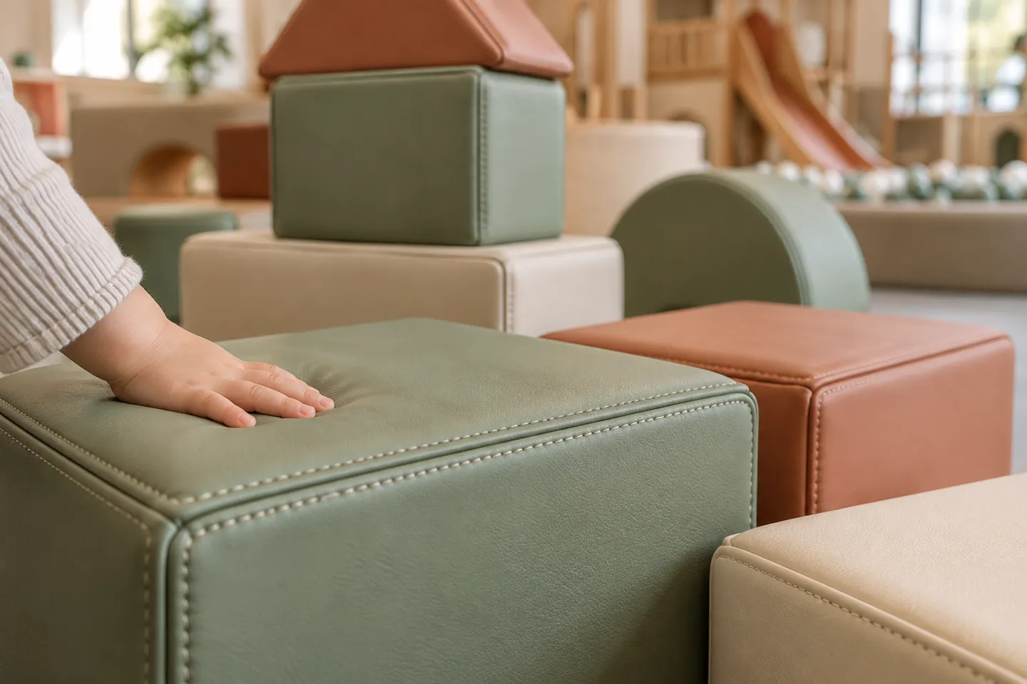 Close-up of commercial-grade soft play foam blocks with double-stitched PU covers — foam density and PVC skin thickness are the spec lines that decide indoor playground equipment cost and durability.