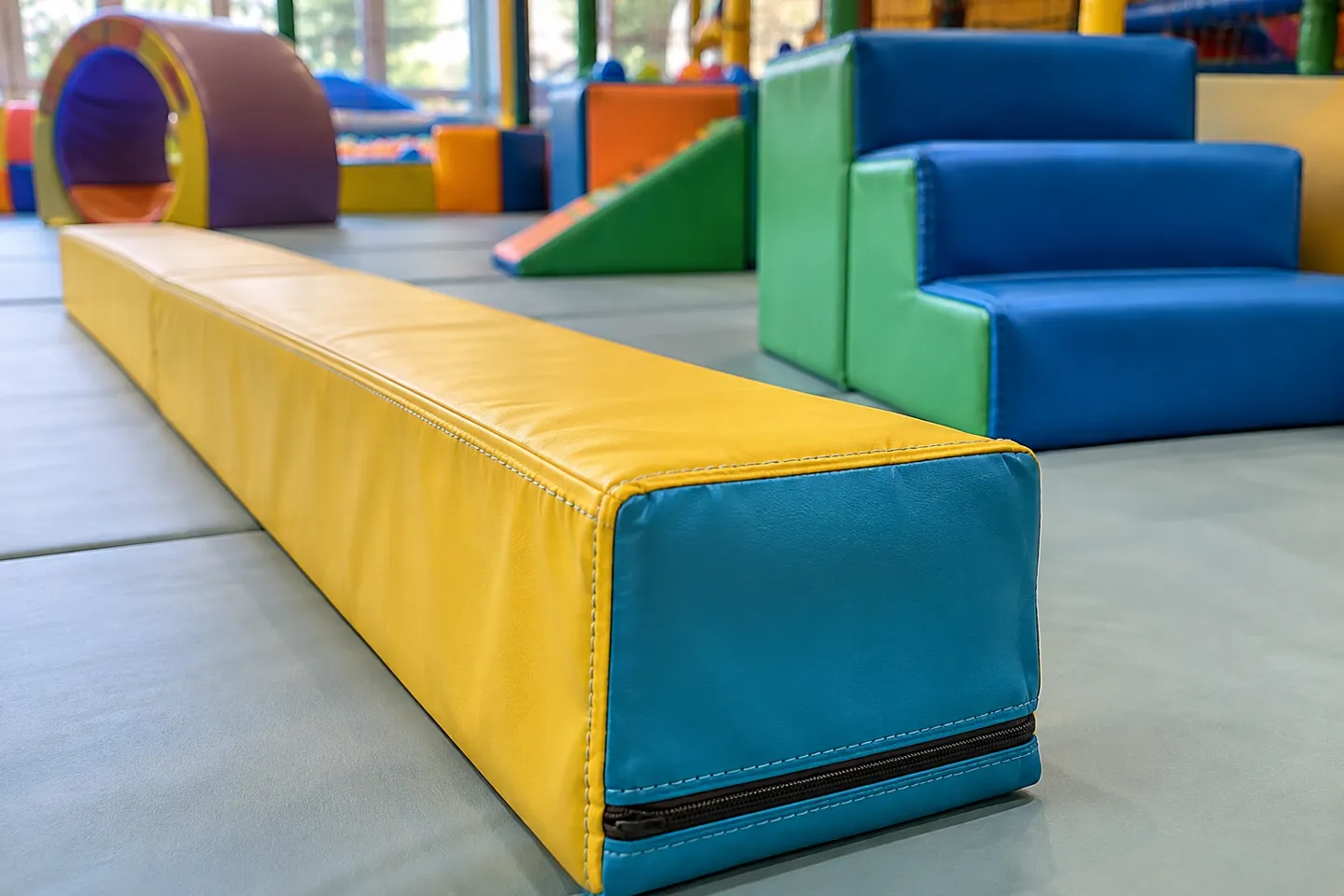 Close-up of commercial-grade soft play equipment showing dense foam edges, double-stitched seams and a locking zipper before acceptance testing