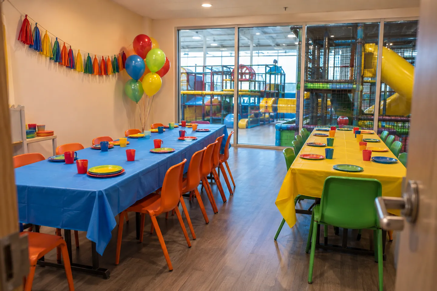 A private birthday party room inside an indoor playground family entertainment center, a booked revenue line beyond daily admission