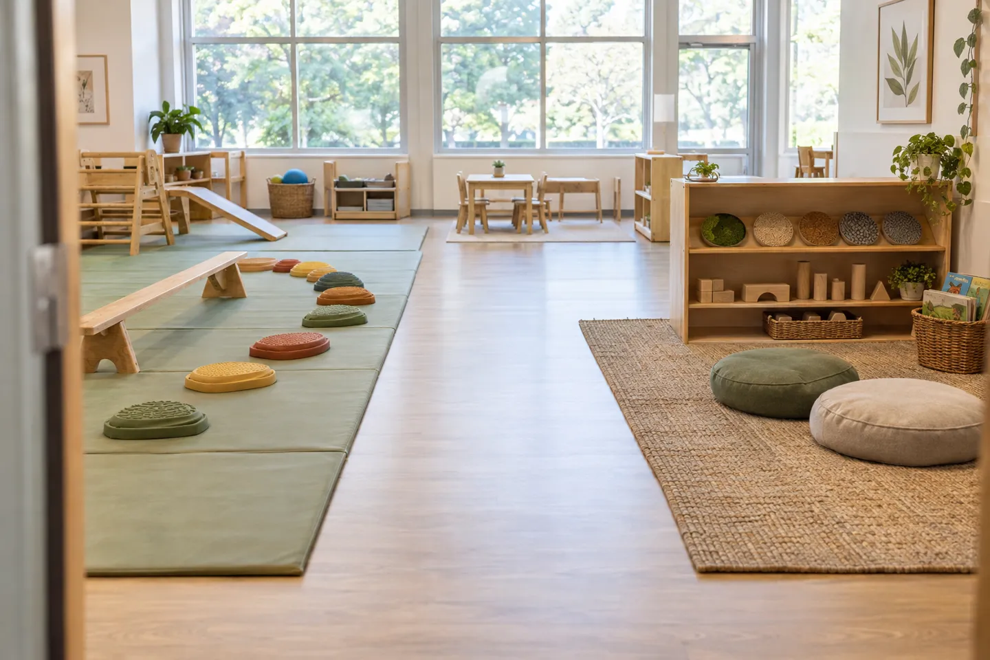 A classroom play zone divided into a loud gross-motor side with a balance beam and tactile stepping stones on green mats, and a quiet corner with floor cushions and a Montessori shelf, separated by an open central lane