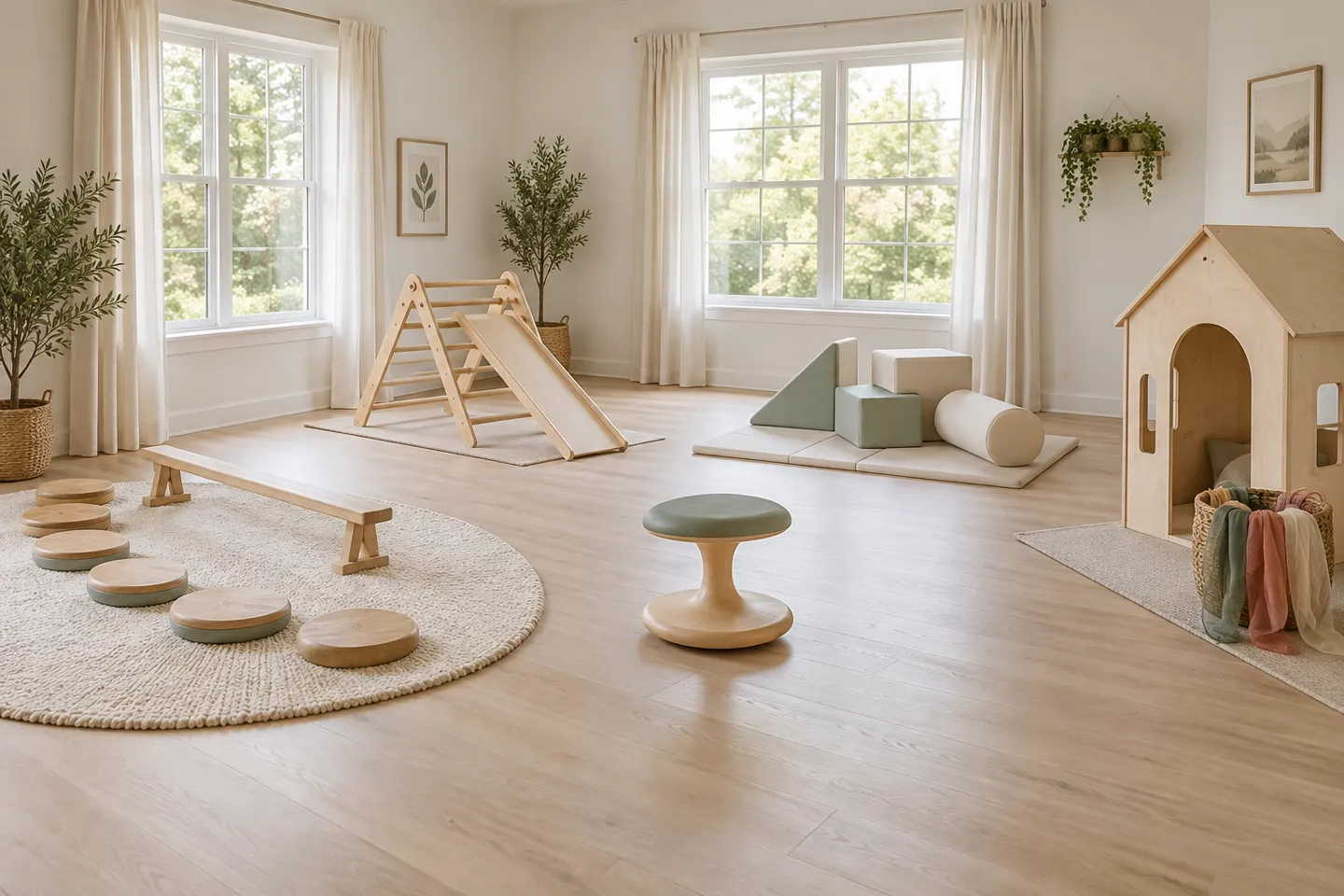 Indoor playground equipment families in one bright living room: wooden stepping stones and balance beam, a toddler climber with slide, a spinning seat, foam blocks, and a wooden role-play house