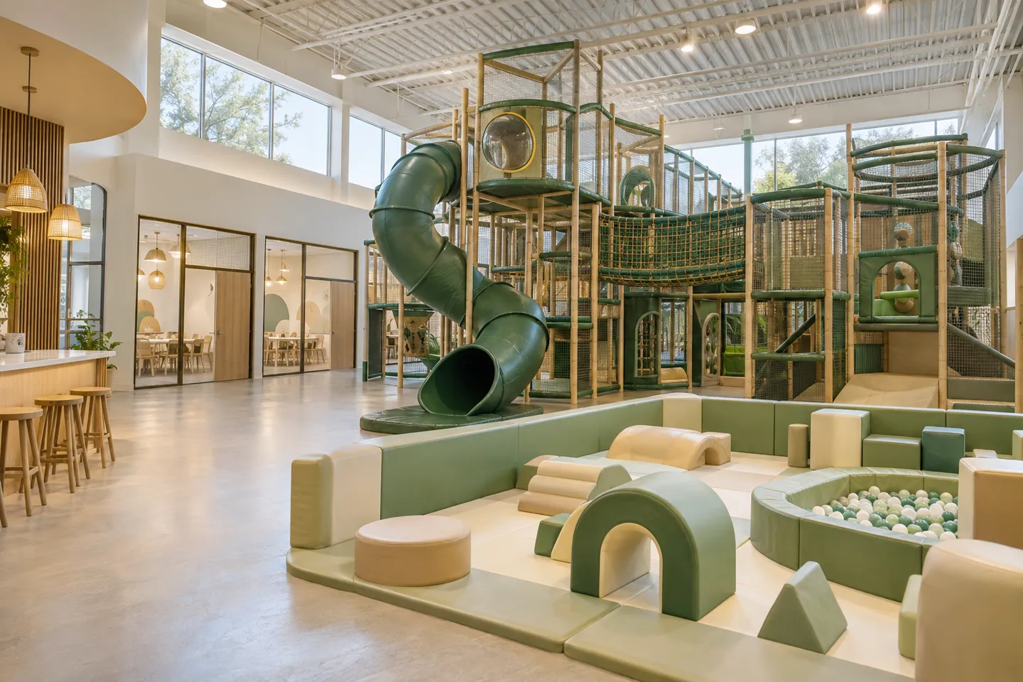 A commercial indoor playground with a large wooden climbing structure, enclosed green slide, ball pit, soft play blocks, and a café seating area where parents watch from the side