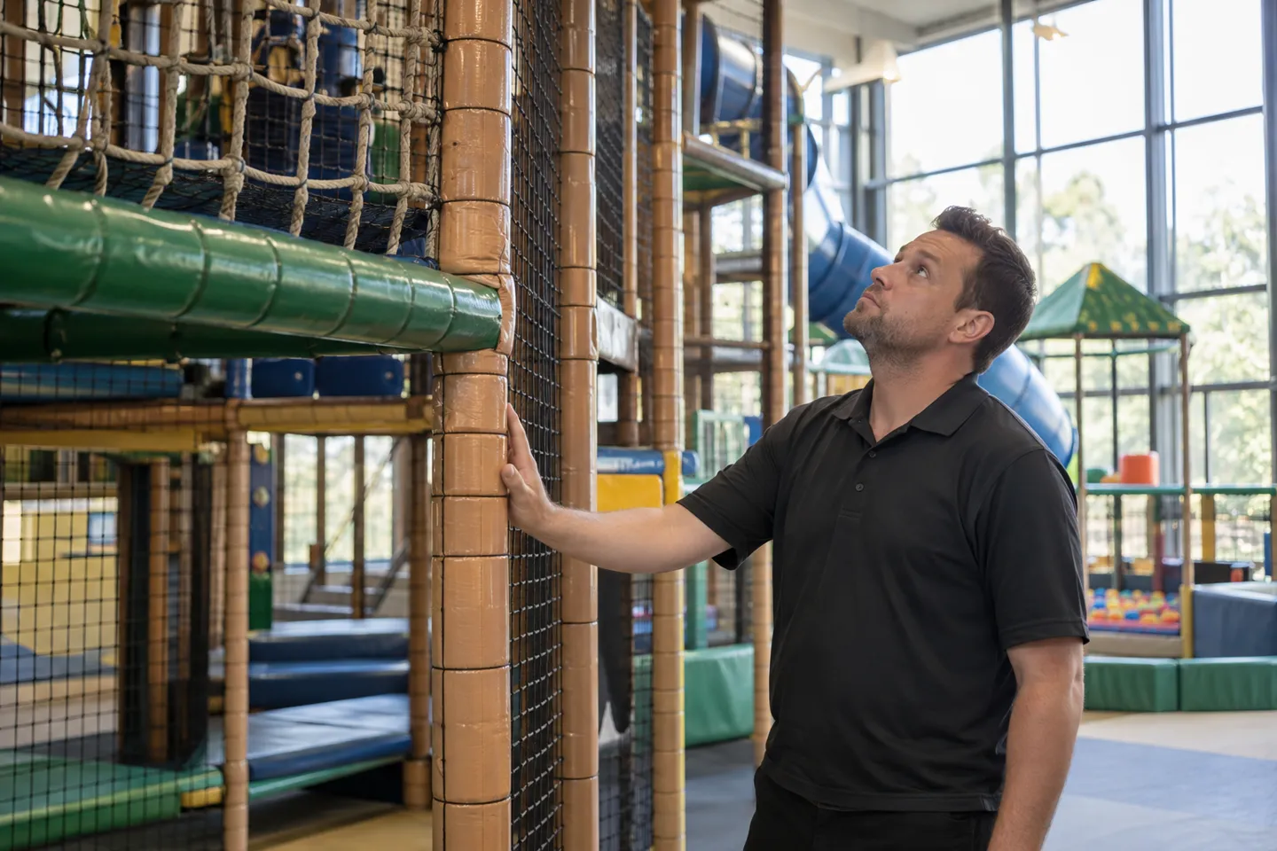 A staff member performing a pre-opening inspection walk-through of an indoor playground structure, checking padded beams and netting by hand