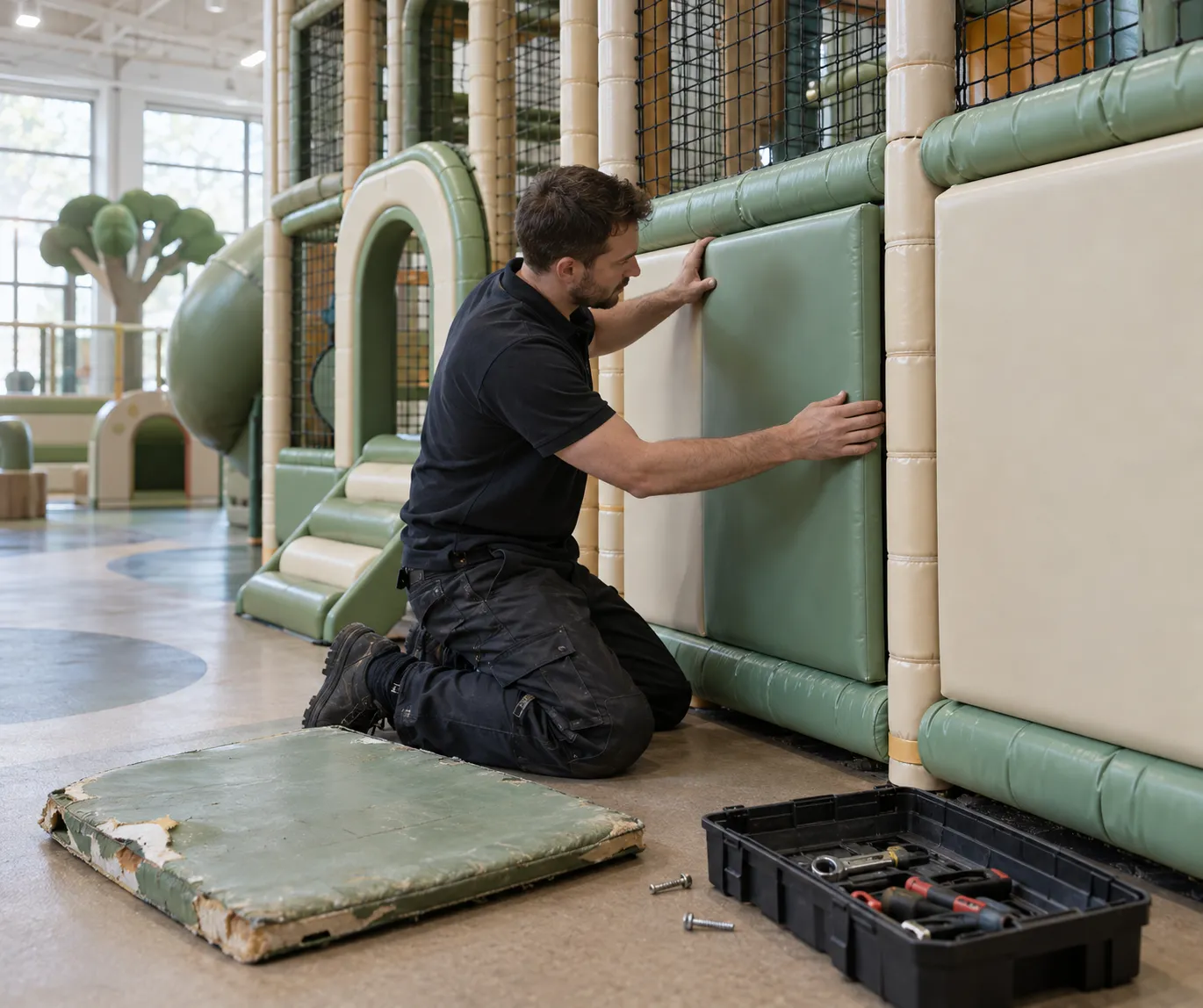 A technician fitting a replacement padded panel onto an indoor play structure, with the worn pad and an open tool case set aside on the floor