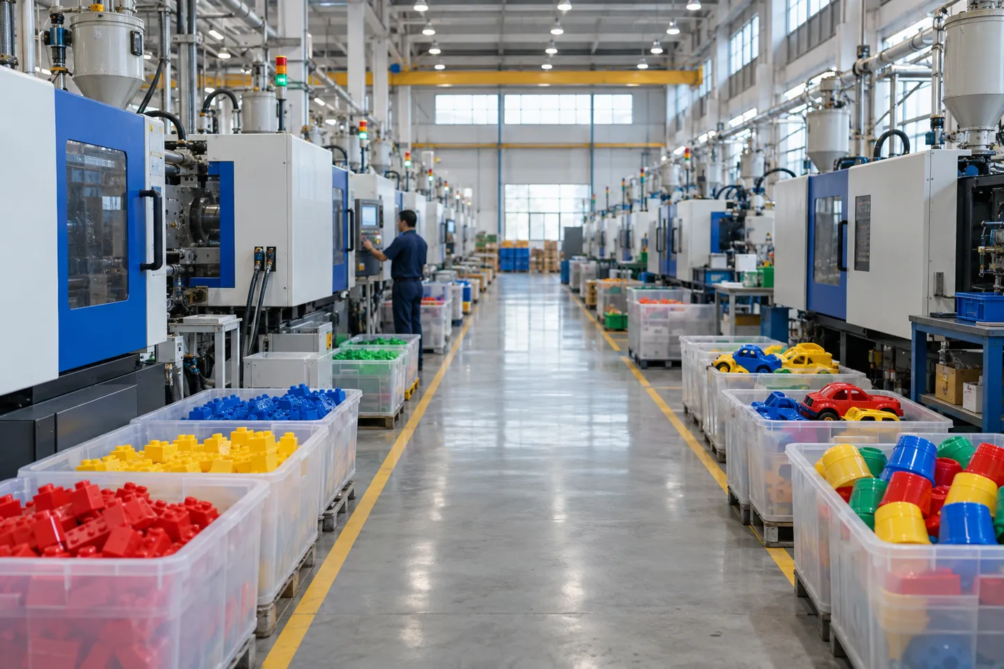 Injection molding presses and bins of colorful plastic toy parts on the production floor of a plastic toy manufacturer