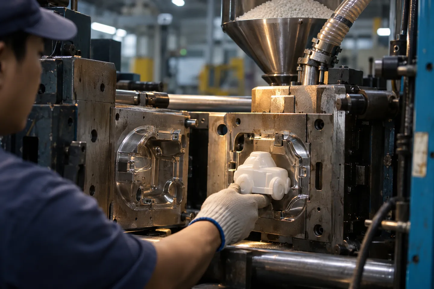 A worker removing a freshly molded toy body from an open steel injection mold, the core process behind OEM and ODM plastic toy manufacturing