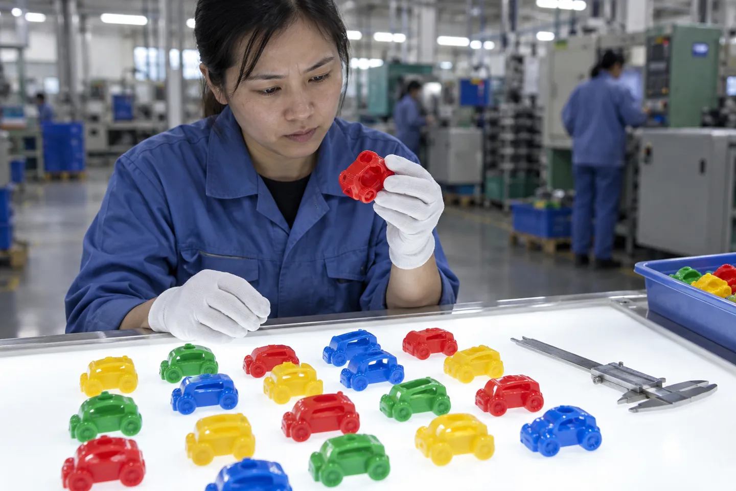 A gloved quality inspector checking molded toy parts against a sampling plan during pre-shipment inspection at a plastic toy factory