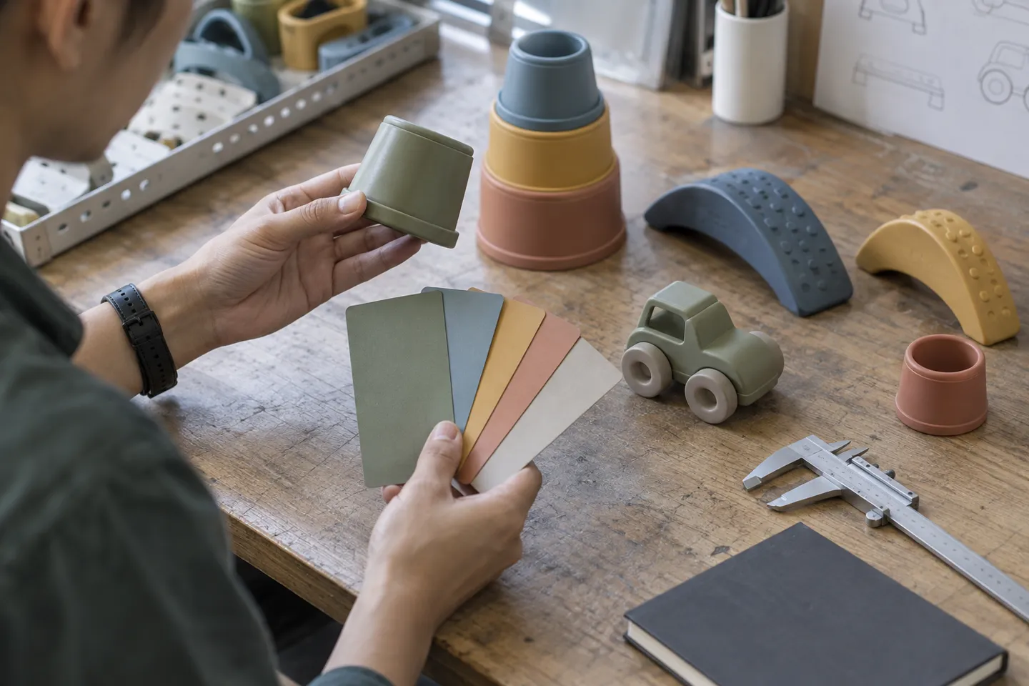 Color swatch cards compared against pre-production plastic toy samples on an engineer's workbench during the sampling stage at a toy factory
