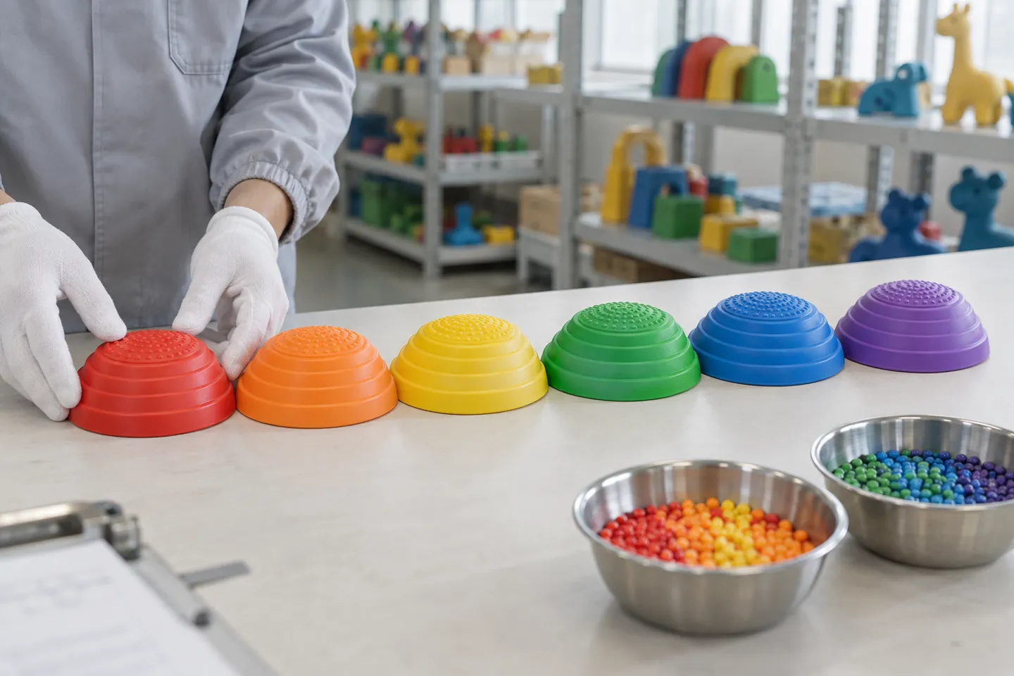 Identical molded plastic balance stepping stones lined up in six colors on a factory sample bench, showing light customization in plastic toy production