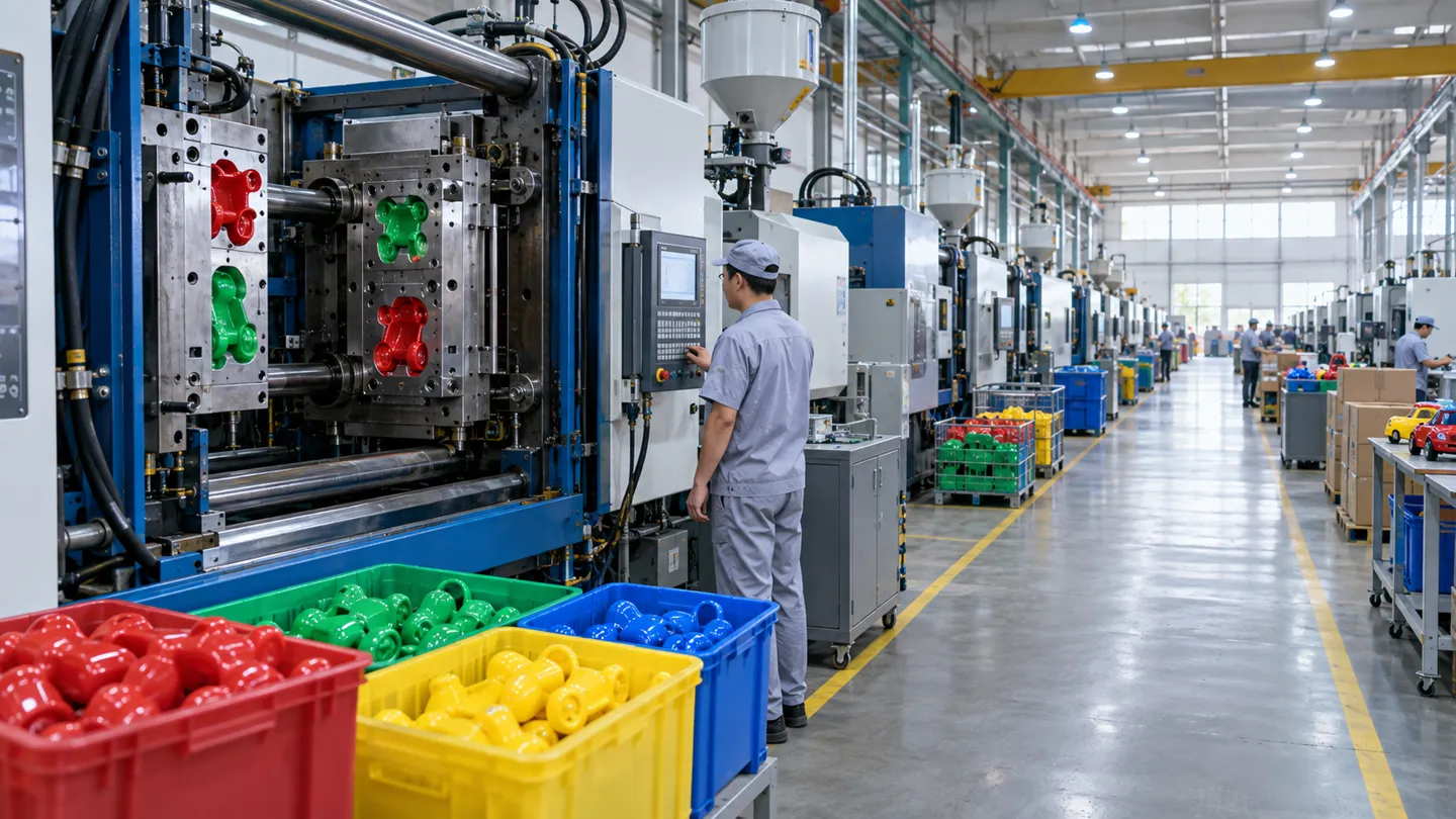 Rows of injection molding machines on a clean production floor in a plastic toy production factory, with freshly molded colorful toy parts in bins beside the line