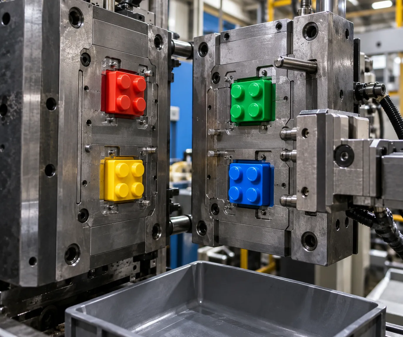 An opened steel injection mold revealing freshly molded colorful plastic blocks, the workhorse process of plastic toy production