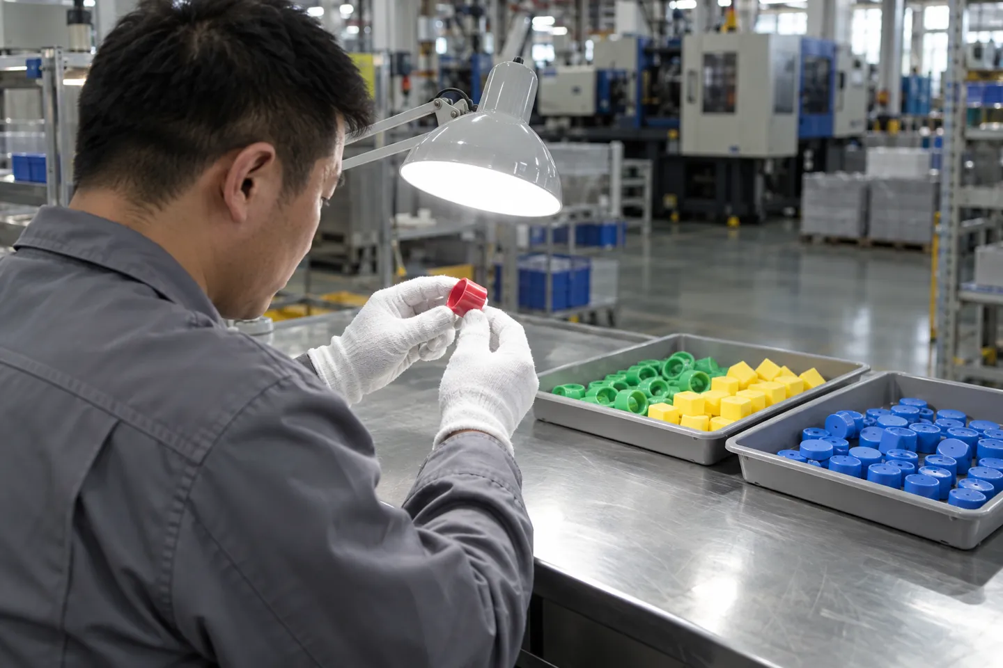 A factory inspector in white gloves checking a molded plastic part under a task lamp at a finished-goods inspection bench during plastic toy production