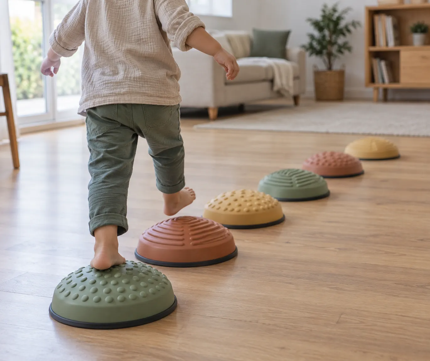Textured stepping stones with non-slip bases set up as a balance course, durable sensory play equipment for daily use
