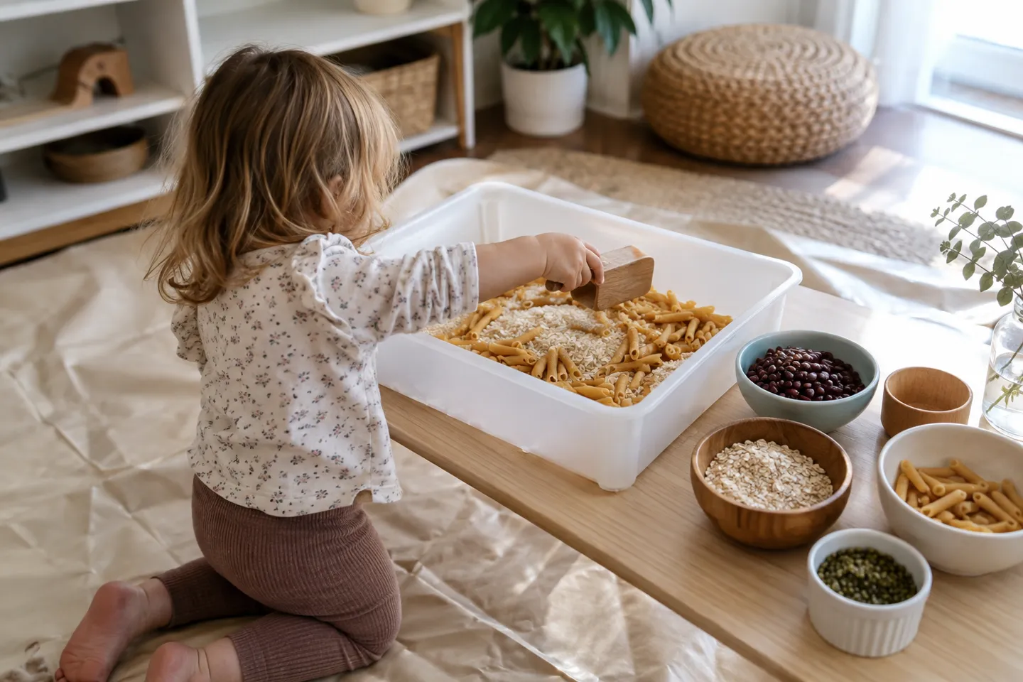 Dry pantry fillers like pasta, beans and oats set up as sensory play ideas on a waterproof drop cloth
