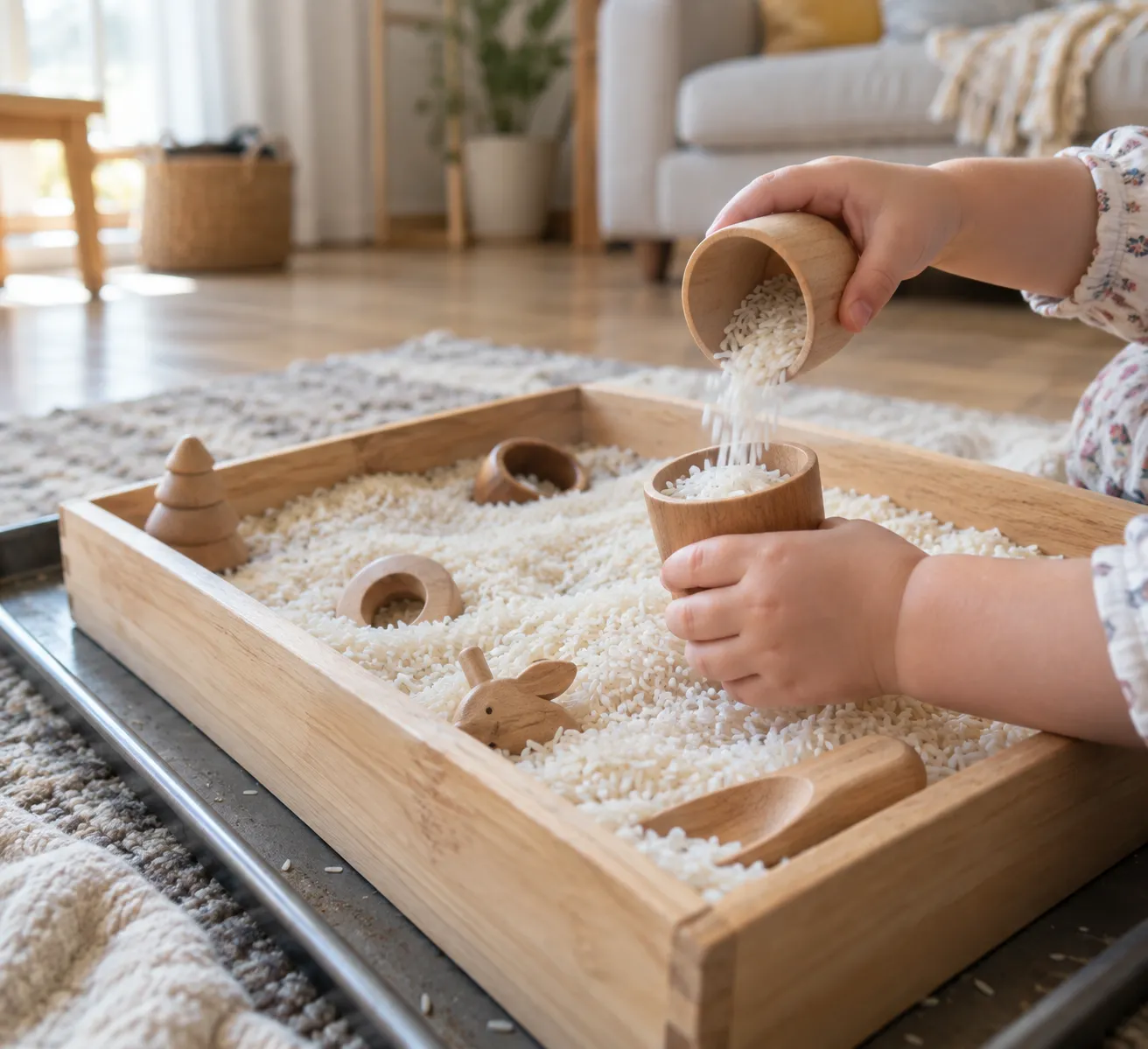 Toddler scooping rice between wooden cups in a sensory bin, the classic starting point for sensory play ideas at home