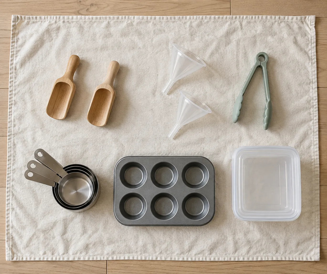 Scoops, funnels, tongs, measuring cups and a muffin tin laid out for sensory play ideas that keep the mess manageable